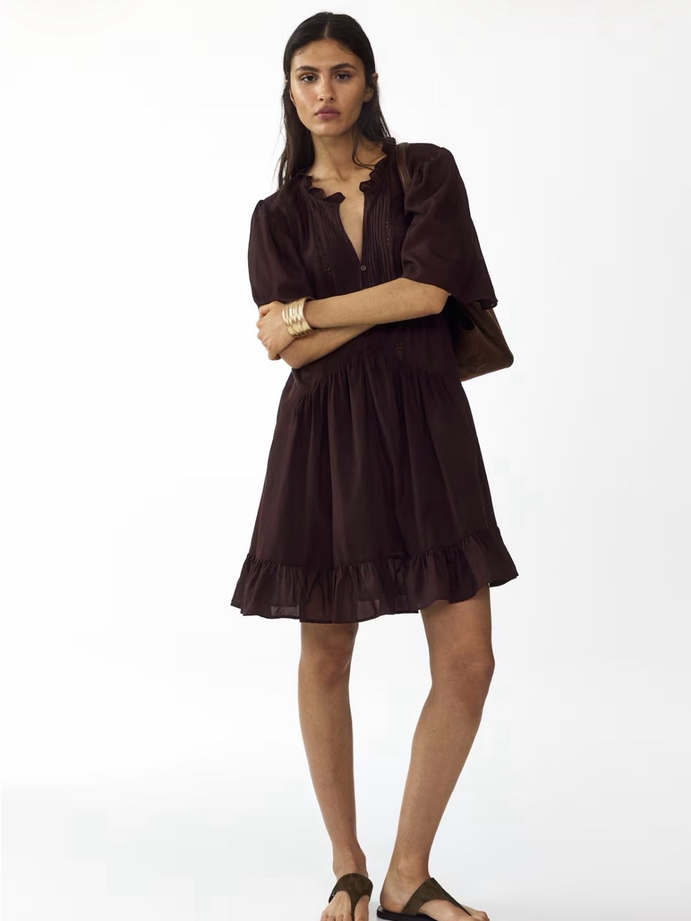 Women’s Short Ruffle Hem Tunic Dress - Dark Brown